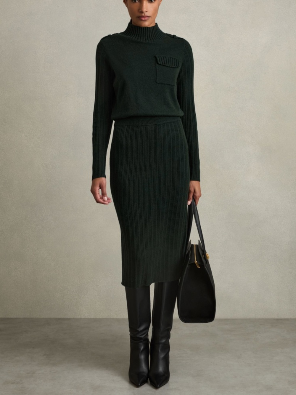 NWT REISS Floris Wool-Blend Knitted Utility Midi Dress in Khaki Medium